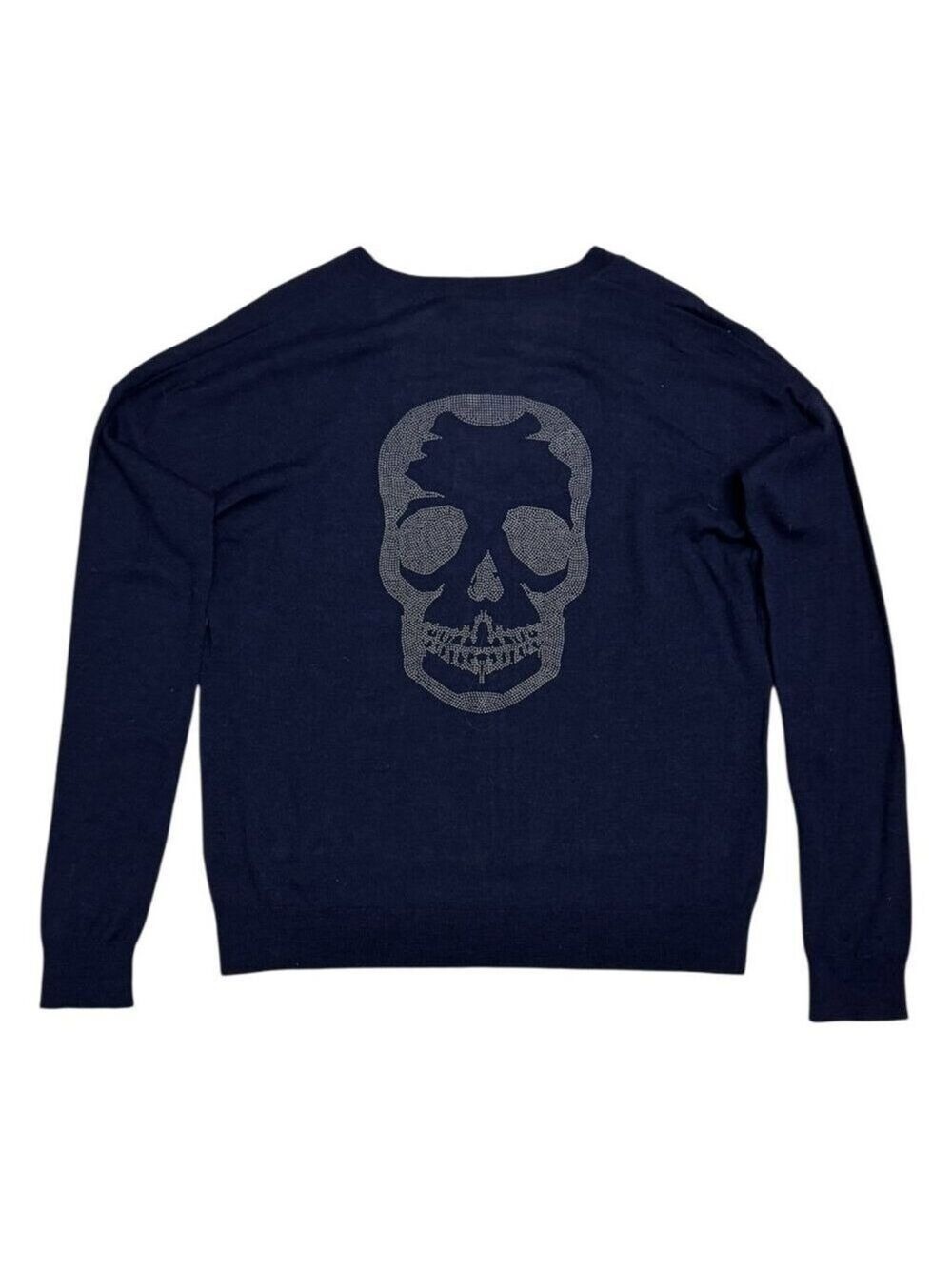 ZADIG & VOLTAIRE Merino Wool Navy Blue SKULL Light V-Neck Sweater Mens Large